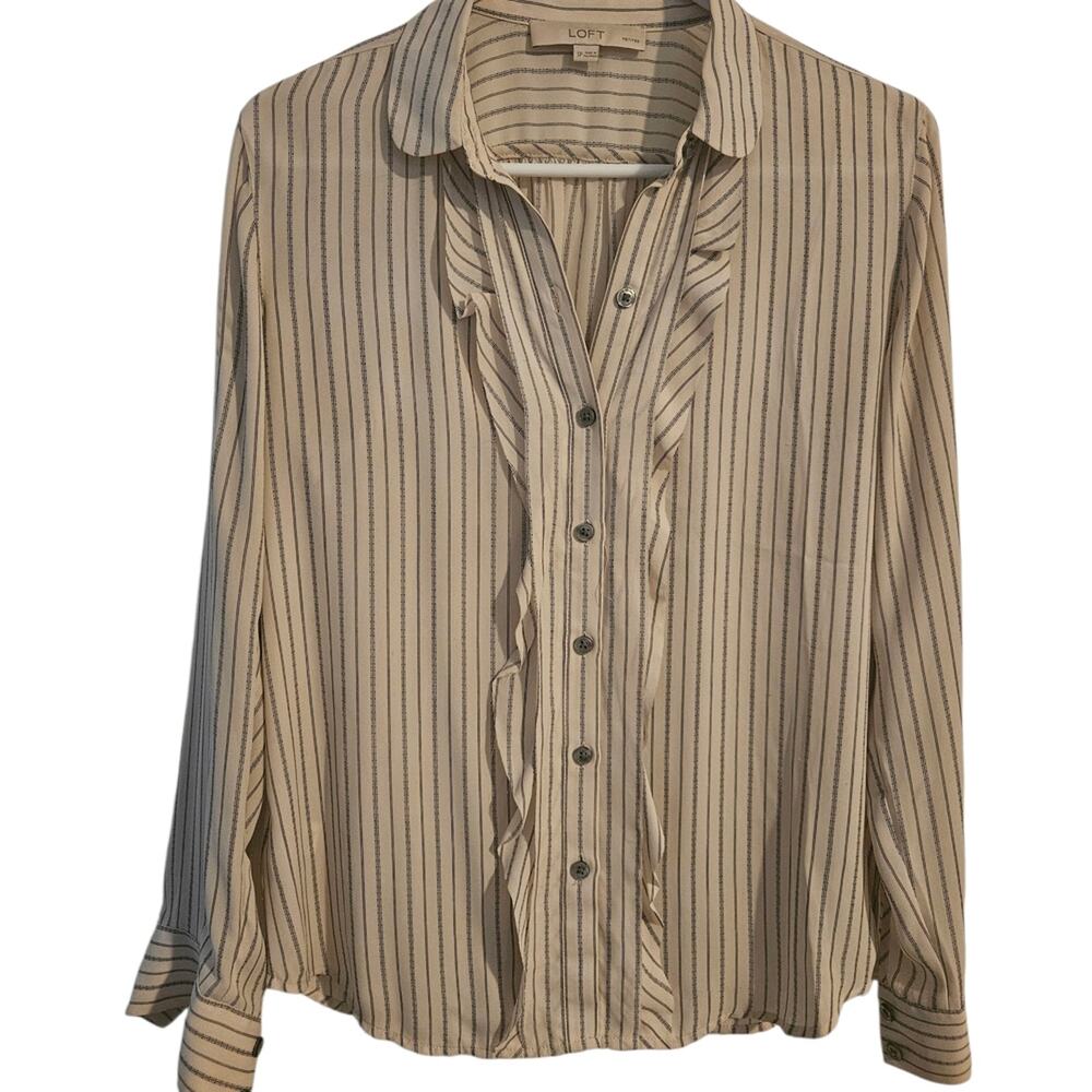 LOFT Woman's Long Sleeve Blouse. Cream with tiny Black Stripes Size SP